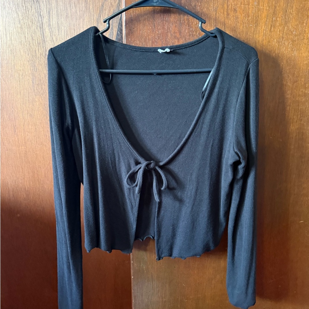 Black Long Sleeve Tie-Front Top